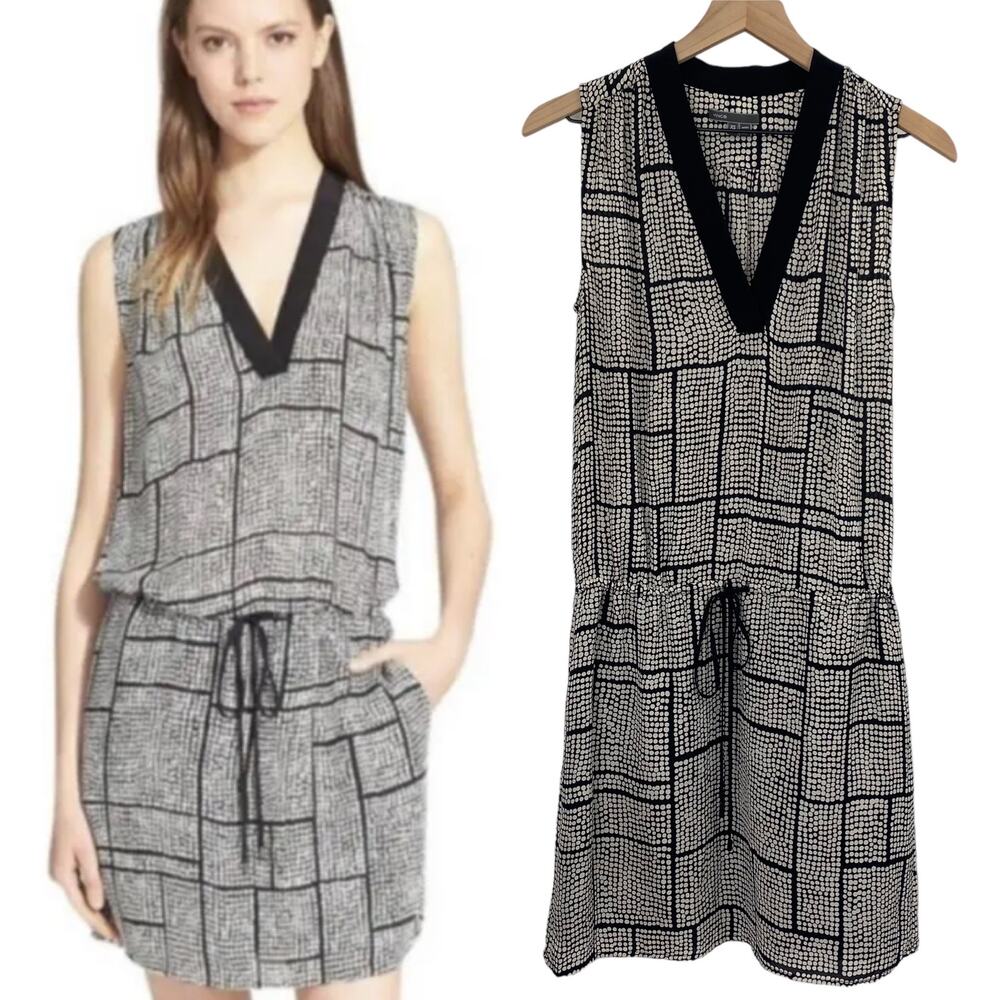 Vince Silk Mini Dress V Neck Blouson Drawstring Waist Black White Polka Dot XS